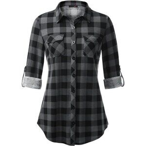 Womens Soft Stretchy Knit Plaid Shirts - Roll Up Long‎ Sleeve Collared Blouses